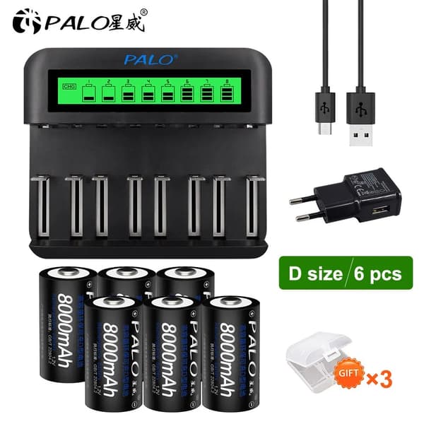 Laddningsbar D-storlek Batteriladdare, 1,2V 8000mAh, LCD-skärm, USB Type-C-ingång,4 batteri 1 laddare