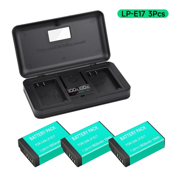 Canon LP-E17 Batteri, Dobbelt Oplader Inkluderet, Høj Kapacitet 1800mAh,3 Batteri 1 Oplader