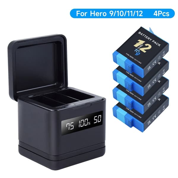 GoPro batteripakke og oplader, 2000mAh kapacitet, LCD-display,4 stk. og oplader