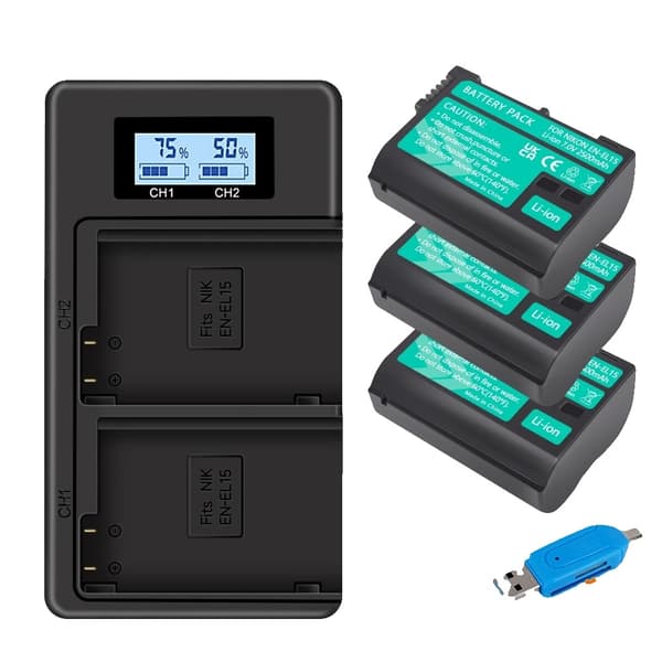 Nikon-kameroiden akkupaketti, 2500mAh kapasiteetti, mukana kaksinkertainen laturi,3 akkua 1 laturi