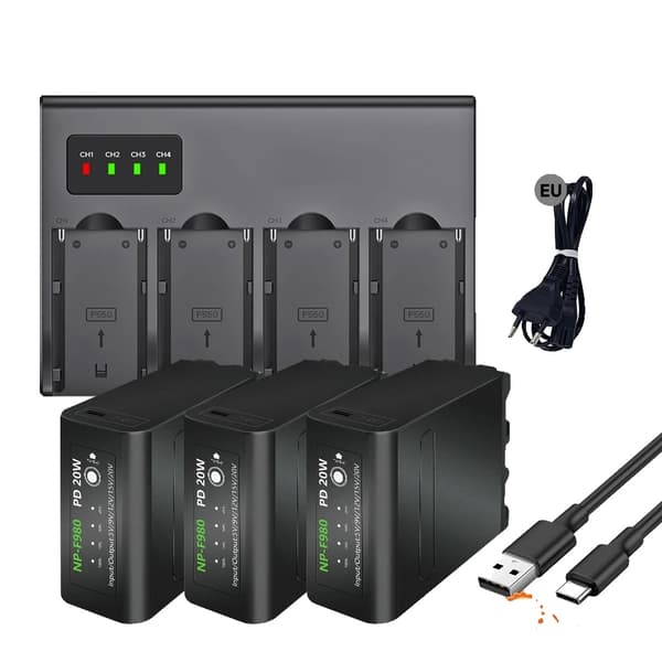 Kamerabatterisæt, 3 stk NP-F980, LCD Dual USB-oplader,3stk F980 1oplader