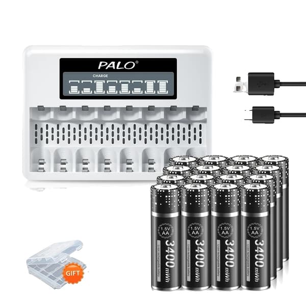 PALO Genopladeligt Batterioplader, Oplader 8 AA/AAA, Smart Trickle Opladningsteknologi,16AA 1 Oplader 16AA 1 Charger