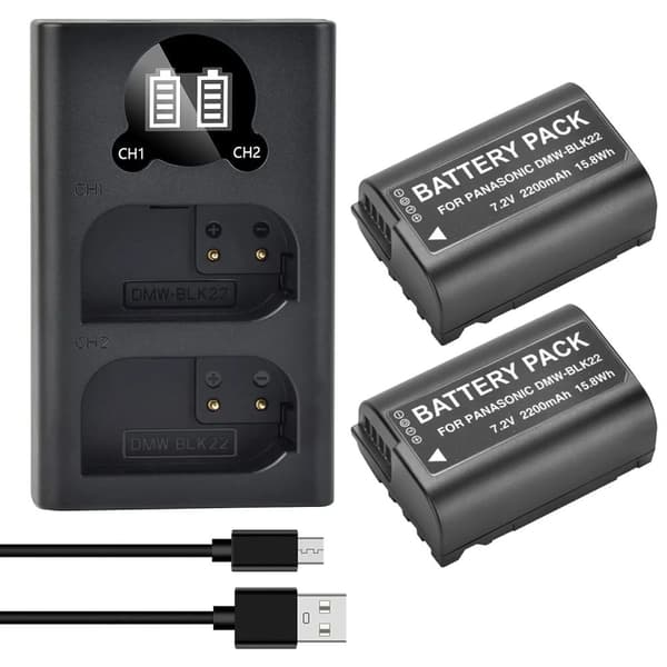 Kameran akkulaturi DMW-BLK22, kaksinkertainen latausmahdollisuus, 2200 mAh kapasiteetti,2 Akkua 1 Laturi