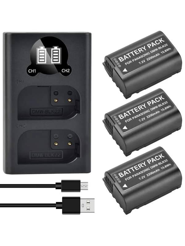 Kameran akkulaturi DMW-BLK22, kaksinkertainen latausmahdollisuus, 2200 mAh kapasiteetti,2 Akkua 1 Laturi