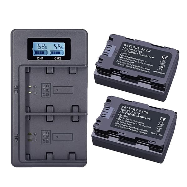 NP-FZ100 batteripakke, 2280mAh kapacitet, dual USB-oplader,2 batterier og oplader