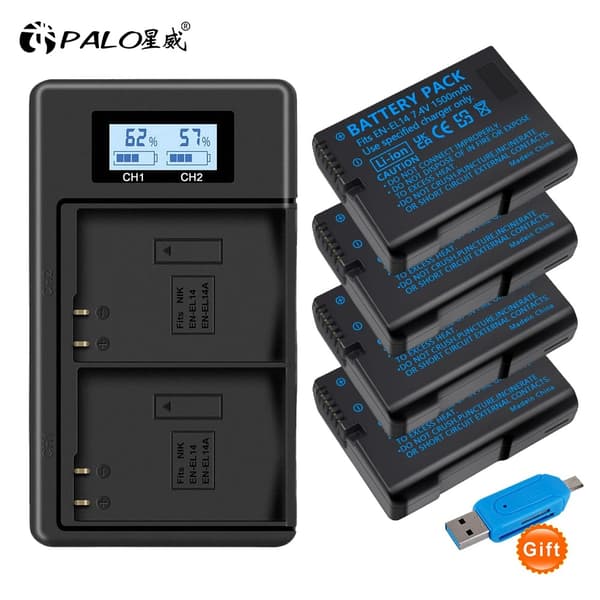EN-EL14 Batteri, 1500mAh Kapacitet, Dobbelt Oplader Inkluderet,3 stk. og 1 oplader