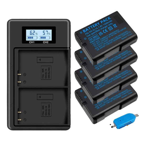 EN-EL14 Batteri, 1500mAh Kapacitet, Dobbelt Oplader Inkluderet,3 stk. og 1 oplader 4pcs and 1charger