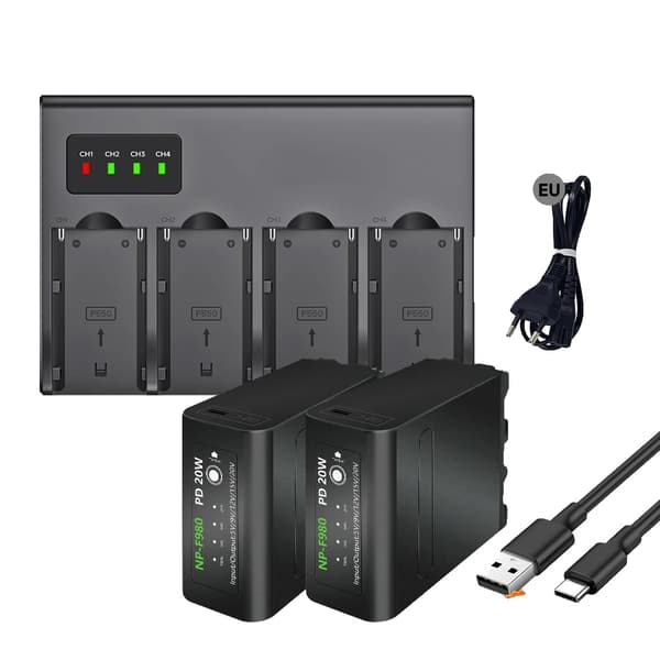 Palo NP-F980 Batteri, 10800mAh Kapacitet, Hurtigoplader Inkluderet,2 stk. med oplader