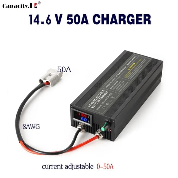12V 50A Lifepo4 Oplader, Justerbar Strøm 0-50A, Tre-Trins Opladningsmode,14,6V 50A Anderson, EU-stik