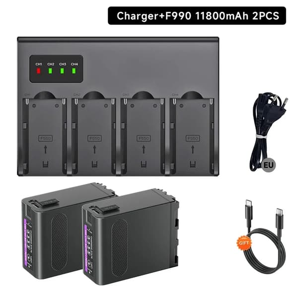 Kamerabatteri NP-F990, høj kapacitet 11800mAh, LED strømindikator,2 batterier 1 oplader