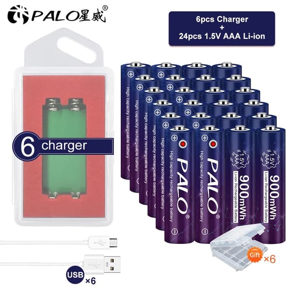 1,5V AAA Li-ion ladattava akku, 900mWh kapasiteetti, tehokas latausindikaattori,1,5V, 24 kpl ja 6 laturia