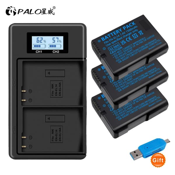 PALO EN-EL14 Batteri Sæt, Dobbelt LCD Oplader, Kompatibel med Nikon Kameraer,1 batteri 3 oplader