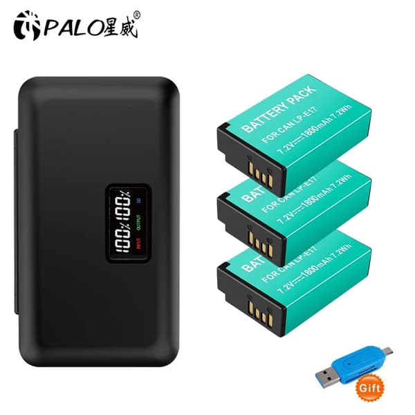 PALO LP-E17 Kamera Batteri, 1800mAh Kapacitet, USB LCD Oplader,3batteri 1oplader