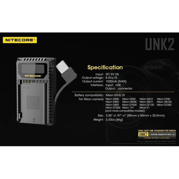 Nitecore UNK2 Dual USB-laddare - Nikon EN-EL15