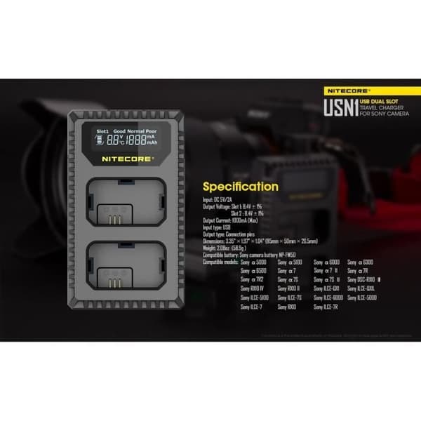USB-laddare - Nitecore - USN1 - Dubbel plats - NP-FW50 kompatibel - Intelligent hantering