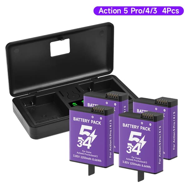 Kamerabatteripakke til DJI Osmo Action 3/4/5 Pro, 2250mAh kapacitet, dual slot oplader,4 Batteri 1 Oplader