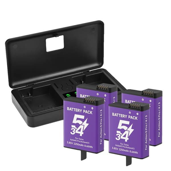 Kamerabatteripakke til DJI Osmo Action 3/4/5 Pro, 2250mAh kapacitet, dual slot oplader,4 Batteri 1 Oplader