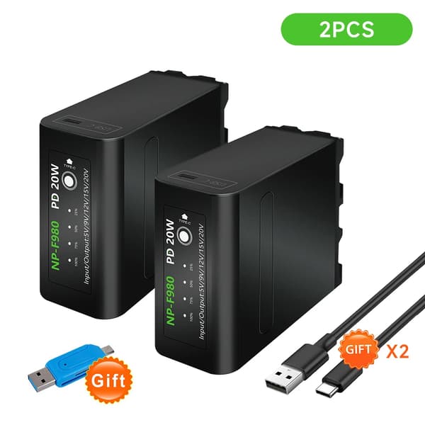 NP-F980 Batteri, 10800mAh Kapacitet, USB Udgang og Indgang,2STK NP-F980 BATTERI