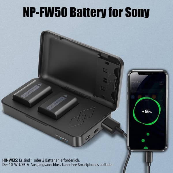 Sony NP-FW50 Batteri Kit, inkluderer 2 genopladelige batterier, dual slot oplader,1 STK