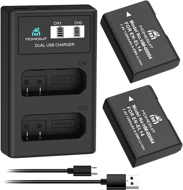 EN-EL14 batterisæt, dual oplader, 1300 mAh kapacitet