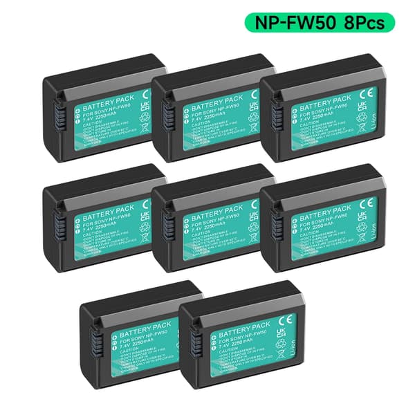 NP-FW50 batteripakke, høj kapacitet 2250mAh, dual USB-oplader,8STK og oplader