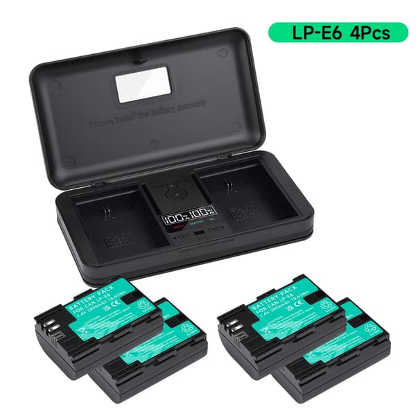 Canon LP-E6 batteri, LED dubbel laddare, kompatibel med Canon EOS-kameror,4batteri 1laddare