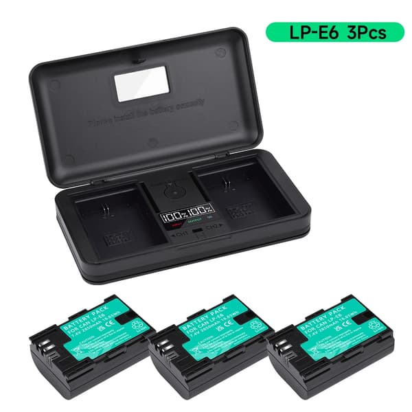 LP-E6 Kamerabatteri, 2850mAh Kapacitet, Multifunktionell Laddare,3st och laddare