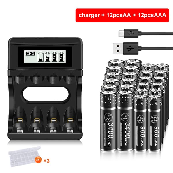 PALO Ladattava Akun Lataussetti, Tukee AA & AAA, Älykäs LCD-näyttö,12AA AAA Laturi