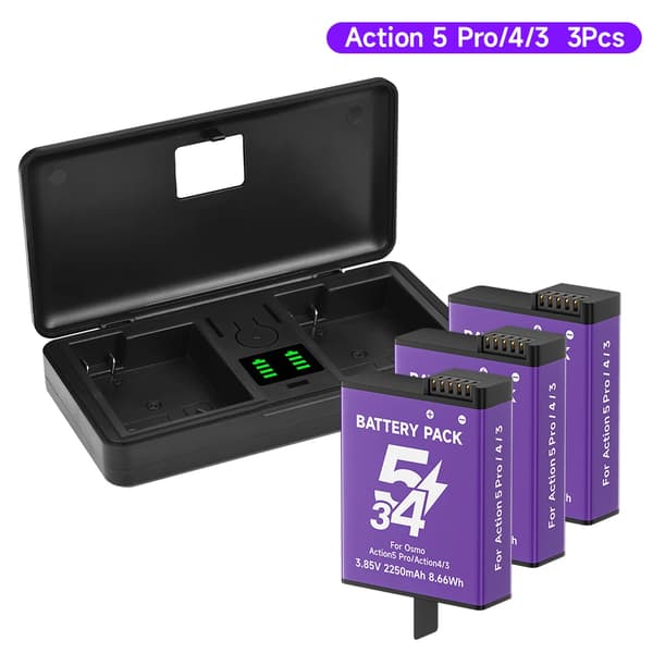 DJI Osmo Action Batteripakke, 2250mAh kapacitet, USB-C hurtigopladning,3 batteri 1 oplader