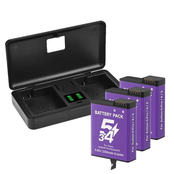 DJI Osmo Action Batteripakke, 2250mAh kapacitet, USB-C hurtigopladning,3 batteri 1 oplader