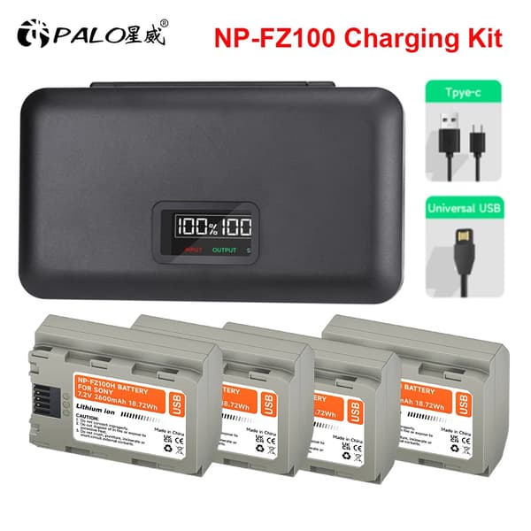 NP-FZ100-batteri, 2600mAh kapacitet, USB Type-C opladning,4Batteri 1Oplader