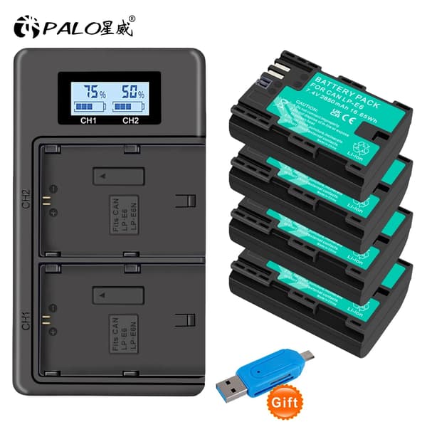 LP E6 Akun, 2850mAh Kapasiteetti, Yhteensopiva Canon EOS Kameroiden Kanssa,4 kpl ja laturi
