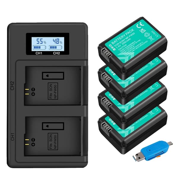 NP-FW50 batteripakke, høj kapacitet 2250mAh, dual USB-oplader,4STK og oplader