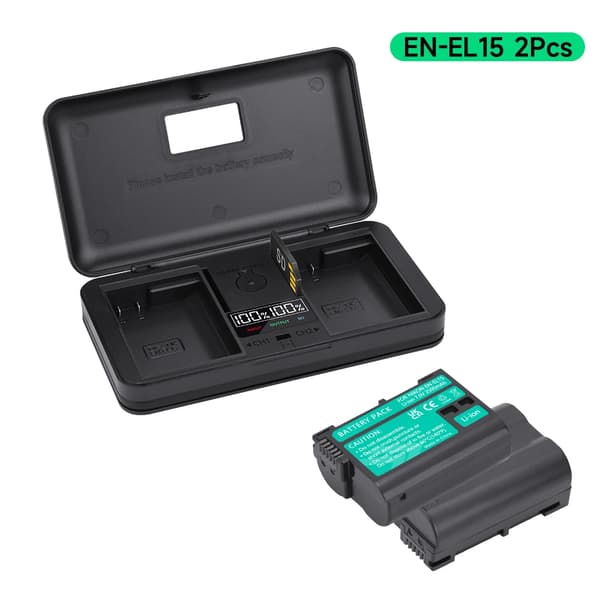 EN-EL15 Batteripakke, 2500 mAh kapacitet, dobbelt opladningsporte,2Batteri 1Oplader