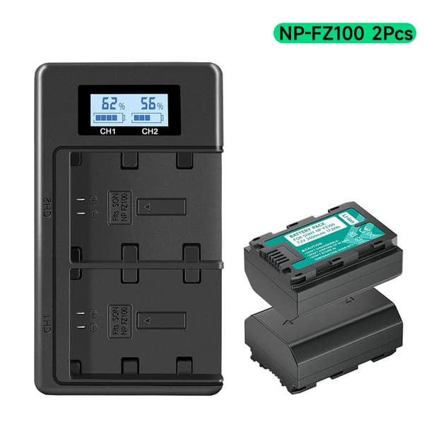 NP-FZ100 batteripakke, 2400mAh kapacitet, LCD dual oplader, flere pakke muligheder,2 Batteri 1 Oplader