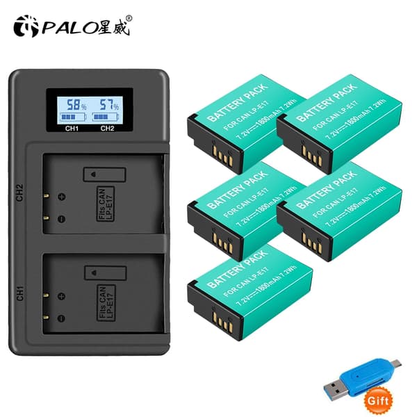 LP-E17 Akun Pakkaus, 1800mAh Kapasiteetti, LCD Kaksoislataaja,5akku ja laturi