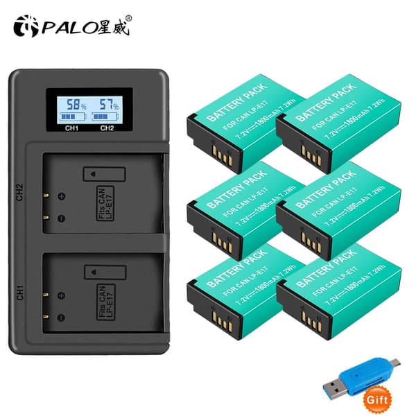 LP-E17 Batteripack, 1800mAh Kapacitet, LCD Dubbel Laddare,6batteri och laddare