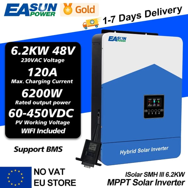 Solcelleinverter, 6200W Nominel Effekt, 48V Batterispænding, 120A Maksimal Opladningsstrøm,Med Wifi