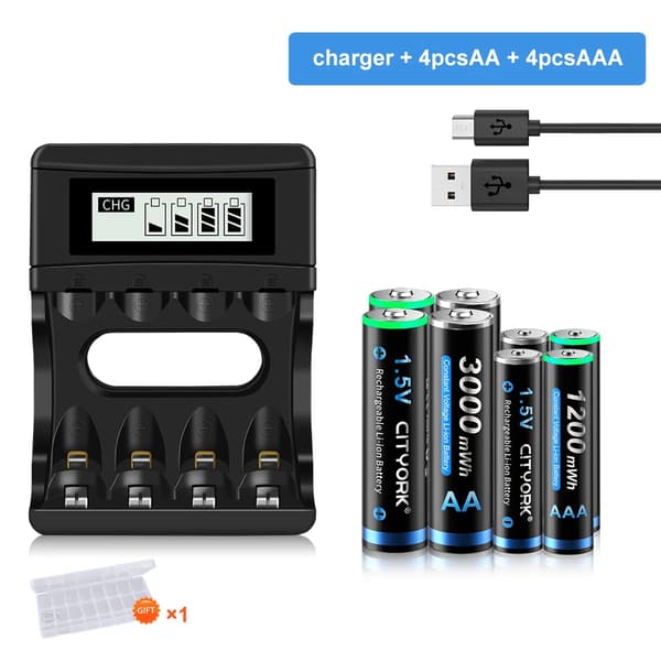 Genopladeligt batteripakke, 1,5V NI-MH, inkluderer oplader, langvarig levetid,4AA 4AAA 1oplader