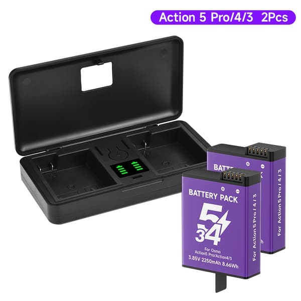 Kamerabatteri, 2250mAh kapacitet, Li-ion batterityp, kompatibel med Osmo Action 5 Pro/4/3,2 Batteri 1 Laddare