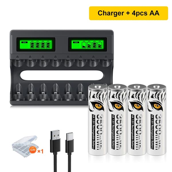 Genopladelige Lithium-ion Batterier, 3500mWh Kapacitet, Inkluderer Oplader, 4AA 1 oplader