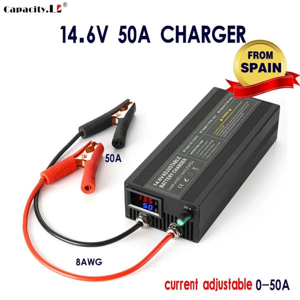 12V 50A Lifepo4 Oplader, Justerbar Strøm 0-50A, Tre-Trins Opladningsmode,EU-stik, 14,6V 50A Klemme