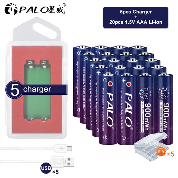 1.5V AAA Li-ion genopladeligt batteri, 900mWh kapacitet, effektiv opladningsindikator,20 stk. og 5 opladere, 1,5V