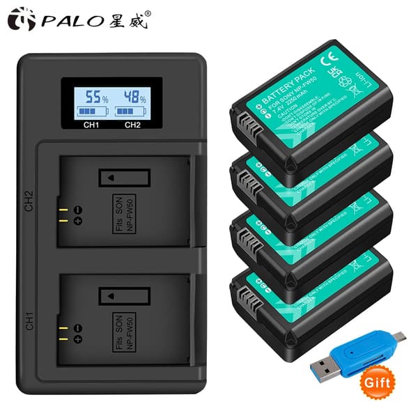 Kamerabatteri NP-FW50, 2000mAh kapacitet, USB dual oplader,4 stk. med oplader