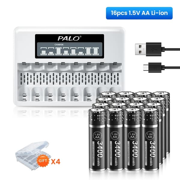PALO Genopladeligt Lithiumbatteri, 3400mWh Kapacitet, Inkluderer Multi Batterioplader,16 batteri 1 oplader