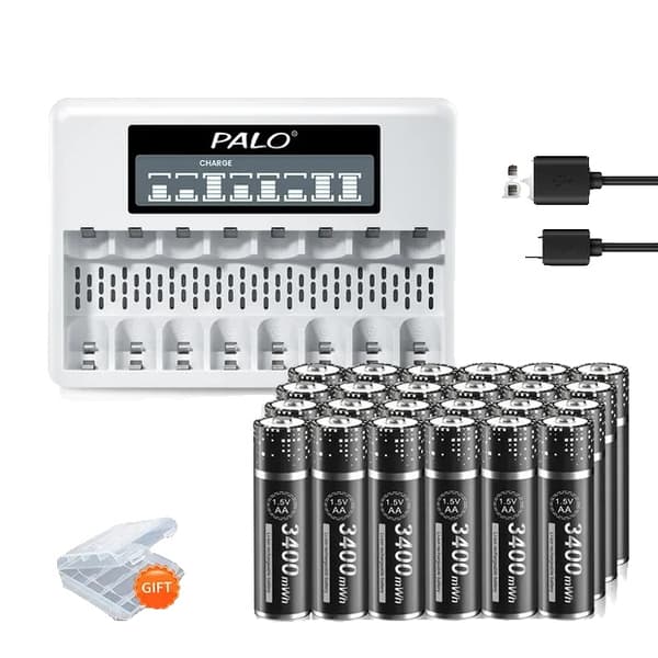 PALO Genopladeligt Lithiumbatteri, 3400mWh Kapacitet, Inkluderer Multi Batterioplader,24 batteri 1 oplader