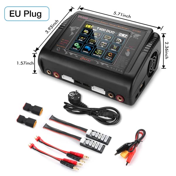 Dobbeltkanals RC oplader, 400W høj effektudgang, LCD touchskærm,EU STIK