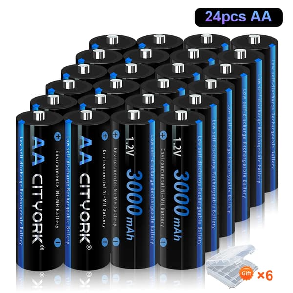 Genopladeligt Ni-MH batteripakke, 3000 mAh kapacitet, LCD smart oplader,24 AA-batterier