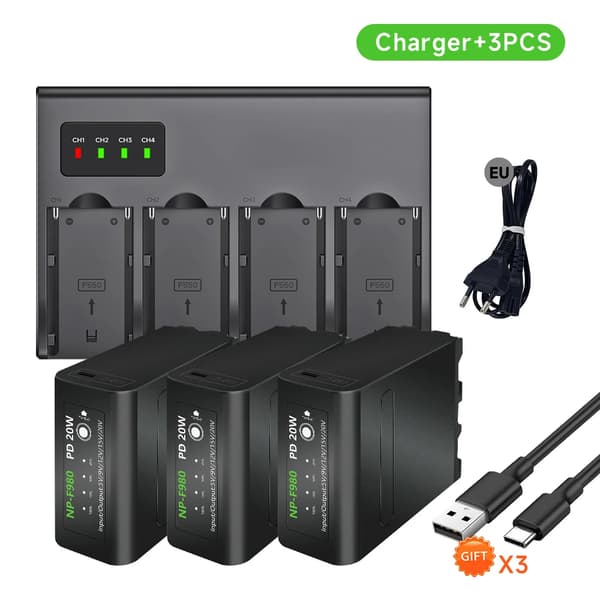 Palo NP-F980 Batteri, 10800mAh Kapacitet, Hurtigoplader Inkluderet,3 stk. med oplader