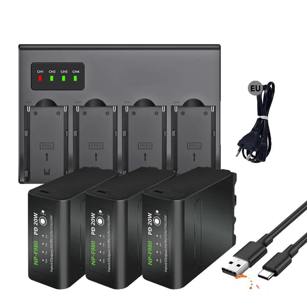 Palo NP-F980 Batteri, 10800mAh Kapacitet, Hurtigoplader Inkluderet,3 stk. med oplader